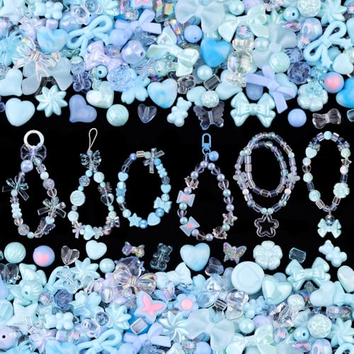 TINKRSTUFF Verschiedene Acrylperlen, 170–230 Stück, blaue ästhetische Perlen für Armbandherstellung, Schleife, Schmetterling, Gummibärchen, Kawaii-Charms, niedliche Perlen für Halskette von TINKRSTUFF