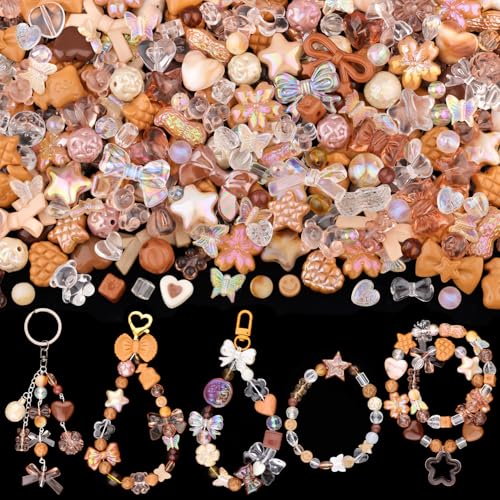 TINKRSTUFF Verschiedene Acrylperlen, 170–230 Stück, braune süße Perlen für Armbandherstellung, ästhetische Gummibärchen, Schleife, Blumen, Süßigkeiten, Schmetterling, Kawaii-Anhänger für von TINKRSTUFF