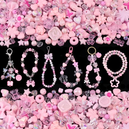 TINKRSTUFF Verschiedene Acrylperlen, 170–230 Stück, rosa, ästhetische Perlen für Armbandherstellung, Schleife, Schmetterling, Gummibärchen, Kawaii-Charms, niedliche Perlen für Halskette von TINKRSTUFF