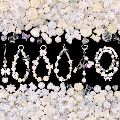 TINKRSTUFF Verschiedene Acrylperlen, 170–230 Stück, weiße ästhetische Perlen für Armbandherstellung, Schleife, Schmetterling, Gummibärchen, Kawaii-Charms, niedliche Perlen für Halskette von TINKRSTUFF
