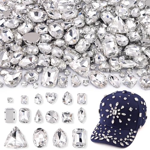 Weiße Bedazzling Strasssteine zum Aufnähen, gemischte Formen, flache Rückseite, Glas-Strass mit Metallbasis zum Basteln, große Edelsteine für Kleidung, Schuhe, Hüte, Kragen, Taschen und Nähzubehör von TINKRSTUFF