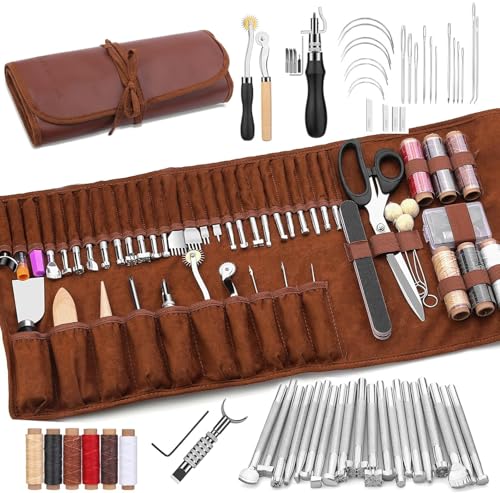 TINMAGI Lederhandwerks-Werkzeuge, Leder Nähset Leder Werkzeug mit Individueller Aufbewahrungstasche, Lederwerkzeug Sewing Kit zum Lederverarbeitung, Schneiden, Stanzen, Nähen, Schnitzen von TINMAGI
