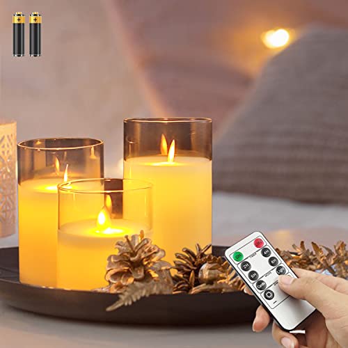 TINYOUTH LED Kerzen im Glas Set von 3 (4"/5"/6"H), Flackernde Flamme Kerzen mit Fernbedienung AA Batterie Enthalten für Deko Home Hochzeitsfeier Weihnachten Tisch, Glas von TINYOUTH