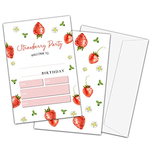 TIOFUNO Erdbeer-Geburtstagseinladungen, Sweet Berry Party-Einladungskarten für Kinder, Jungen und Mädchen, 20 Stück, doppelseitige Einladungskarten zum Ausfüllen mit Umschlägen – C25 von TIOFUNO