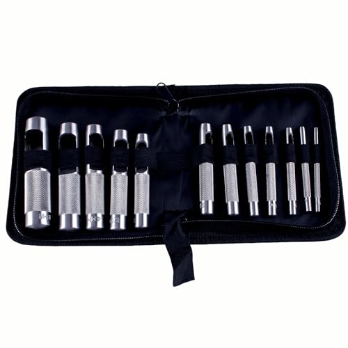 TIOMIOSEA 12er Locheisen Set 3-19mm Lochstanzer Runde Leder Stanzwerkzeug Set für Leder, Textilien, Papier, Uhrenarmband, Dichtung Gürtel, Schuh, Stoff, Leinwand Kleidung, Öse (1/8 ''-3/4 '') von TIOMIOSEA