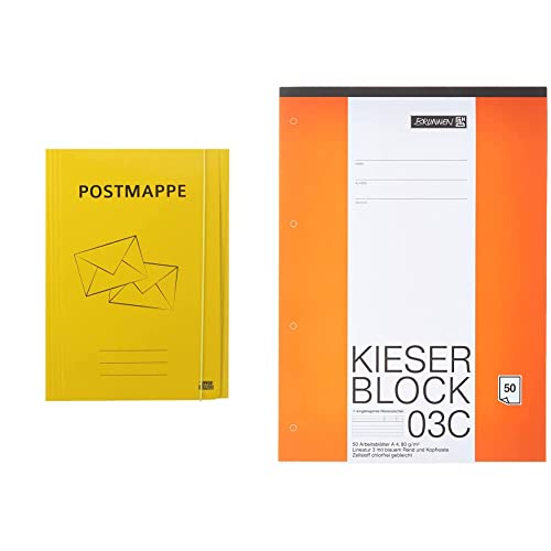 TIPTOP OFFICE Starke Dreiflügelmappe"Postmappe" A4, Gelb 408228 & Brunnen 1042923 KIESER-Block Lineatur 3 (A4, Weiß, 50 Blatt, blanko, 80 g/m², Klasse 3) von TIPTOP OFFICE