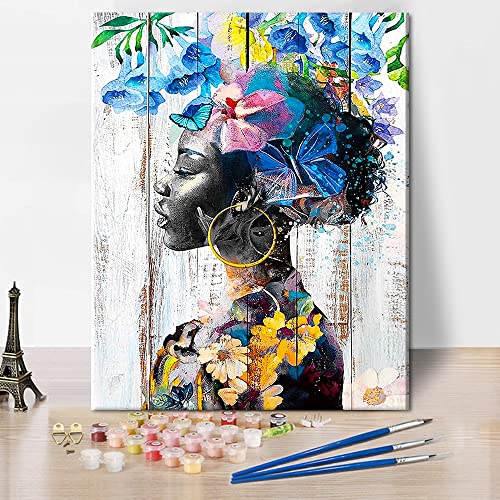 Afrikanisches Mädchen Handmalerei Blume Themenserie DIY Malen nach Zahlen für Erwachsene Anfänger Schmetterling Zeichnen Wohnzimmer Schlafzimmer Dekor für Hausdekorationen Urlaub Geschenke 16x20Inch von TISHIRON
