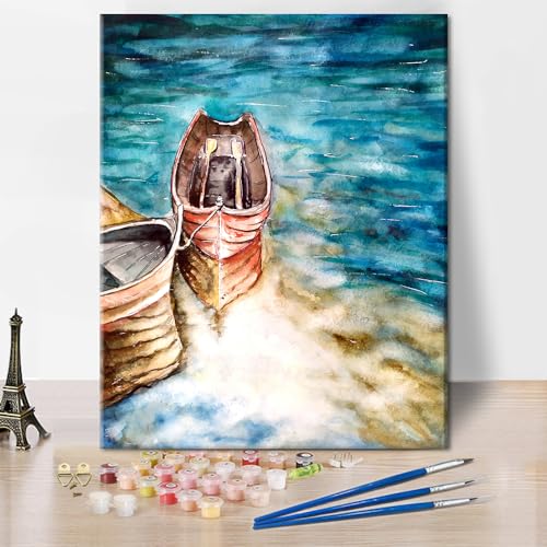 Boot Sommer Bilder Malen nach Zahlen für Erwachsene Anfänger Seelandschaft Boot Malerei Malen nach Zahlen Kits auf Leinwand Acrylfarbe, Zeichnung Malerei mit Pinseln Ölmalerei Home Decor16x20 Zoll von TISHIRON