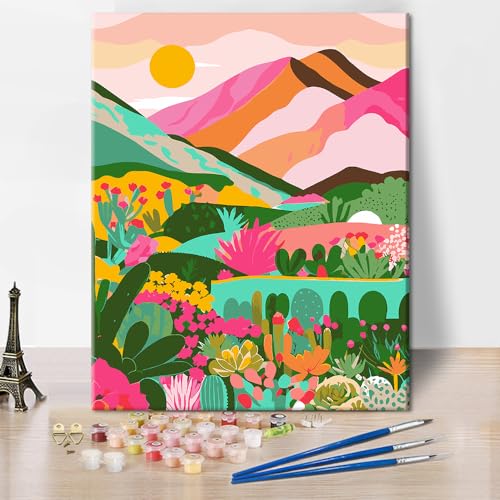 Bunte Landschaft DIY Malen nach Zahlen, Mond Malen nach Zahlen Kit für Erwachsene, Sukkulenten Kaktus flachen Stil Malerei Kits auf Leinwand, 16"x 20" abstrakte Landschaft Acrylmalerei für Home Decor von TISHIRON