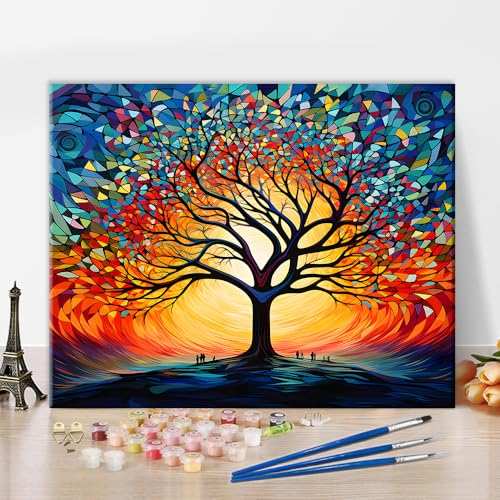 DIY Abstrakte Glasmalerei Baum Malen Nach Zahlen Für Erwachsene Baum Des Lebens Malen Nach Zahlen Kits Auf Leinwand ölmalerei Kit Für Erwachsene Zeichnung Malerei Für Geschenk 40x50cm Ohne Rahmen von TISHIRON