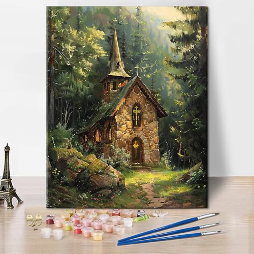 DIY Malen nach Zahlen Christliche Kirche Abstrakte Malen nach Zahlen für Erwachsene Kirche mit Kreuz Malen nach Zahlen Kits auf Leinwand für Wall Decor Acryl Malen nach Zahlen Kits, 16x20 inch von TISHIRON