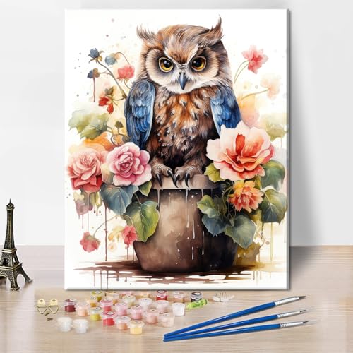 Eule Malen nach Zahlen Erwachsene Bunte Blumen DIY Handgemalt Ölgemälde Kit für Anfänger, Vintage Blumentopf Malen Nach Zahlen， Mit Pinseln und Acrylfarbe Handgemalt Kit 40 x 50 cm(Rahmenlos) von TISHIRON