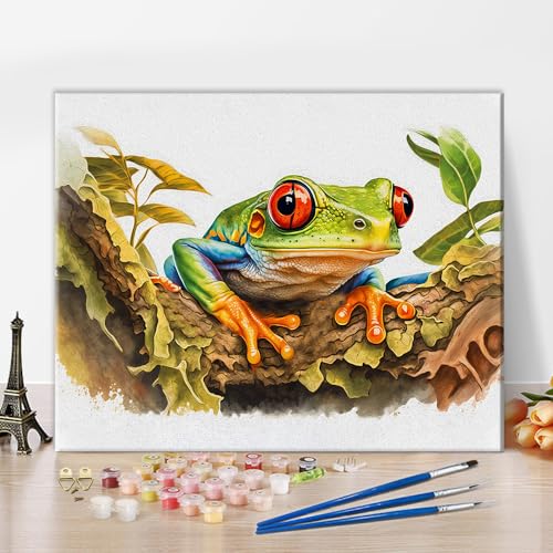 Frosch Malen nach Zahlen Kit für Erwachsene Aquarell rot-äugige grüne Baumfrosch Hand gemalt DIY Malen nach Zahlen Kits auf Leinwand ohne Rahmen Malen nach Zahlen für Erwachsene Anfänger 16x20 inches von TISHIRON