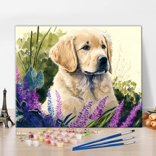 Golden Retriever Erwachsene Malen nach Zahlen Lavendel DIY Malen nach Zahlen für Erwachsene und Anfänger Tier Malen nach Zahlen auf Leinwand Kunsthandwerk Geschenk für Home Wall(Rahmenlos)40cm x 50cm von TISHIRON