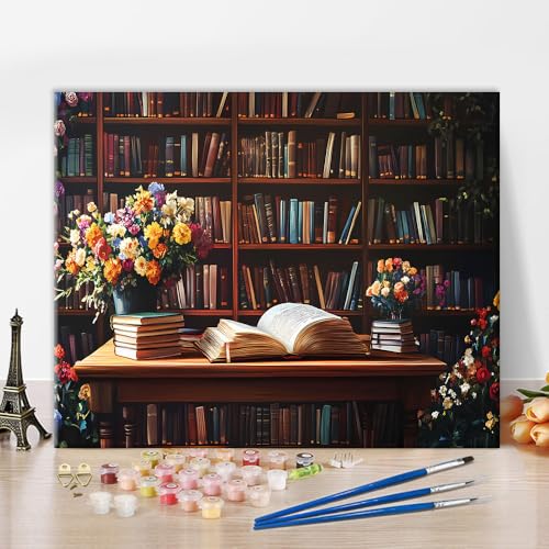 Holztisch Offenes Buch Malen Nach Zahlen Kits DIY Bücher Malen Nach Zahlen Für Erwachsene Anfänger Leinwand ölmalerei Kit Bücherregal Blumen Für Kunsthandwerk Kits Geschenk 40x50cm Ohne Rahmen von TISHIRON