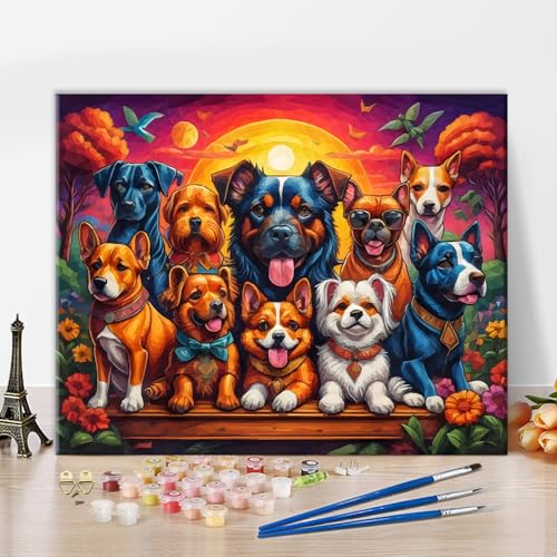 Hund Kunst Malen nach Zahlen für Erwachsene Anfänger, Cute Puppy DIY Erwachsene Haustiere Malen nach Zahlen Kits auf Leinwand Acrylfarbe, Zeichnung Malerei mit Pinseln Ölmalerei Home Decor16x20 Zoll von TISHIRON