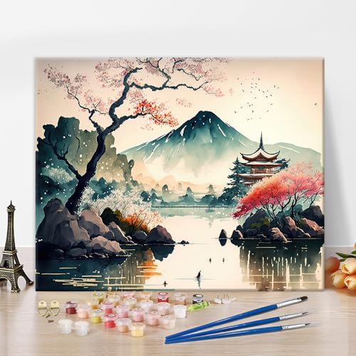 Japanische Landschaft Malen nach Zahlen, Mount Fuji Malen nach Zahlen Kit für Erwachsene Japan Kirschbäume Aquarell Malen nach Zahlen Kits Easy Paint by Numbers für Anfänger Kunsthandwerk 16x20 inch von TISHIRON
