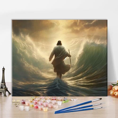 Jesus Malen Nach Zahlen Für Erwachsene Jesus Walking on Waters Malen Nach Zahlen Kits Auf Leinwand DIY Malerei Kit Erwachsene Zeichnung Malerei Für Geschenk Home Wall Decor 40x50cm Ohne Rahmen von TISHIRON