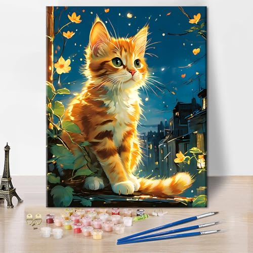 Katze Malen Nach Zahlen Kits Für Erwachsene Katze in Der Nacht DIY ölmalerei Kits Für Anfänger Acryl Einfach Malen Nach Zahlen Leinwand Für Geschenk Kunstwerk Hausdekoration 40x50cm Ohne Rahmen von TISHIRON