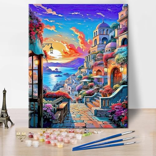 Malen nach Zahlen Set Sonnenuntergang Malen nach Zahlen für Erwachsene mit Pinseln Stadt Straße Ölmalerei Kits für Erwachsene Landschaft DIY Malen nach Zahlen Kunsthandwerk 40 x 50 cm(rahmenlos) von TISHIRON