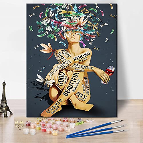 Paint by Numbers for Adults Beginner Motivational Language Woman Dragonfly Paint by Number Artwork Paint by Number Kits Colorful Canvas Oil Painting by Number Home Wall Decor 16x20inch Frameless von TISHIRON