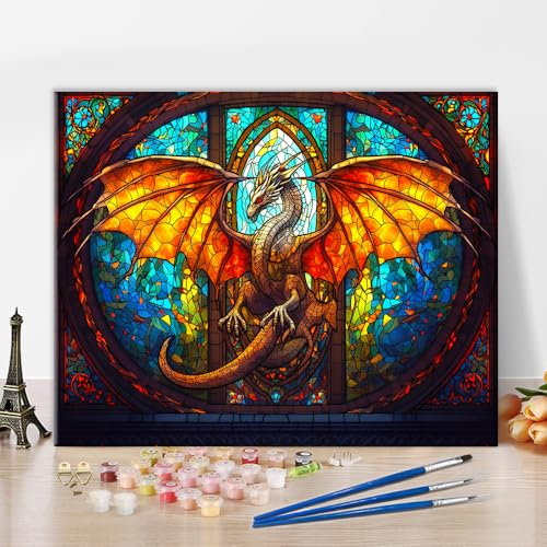 Malen nach Zahlen für Erwachsene Buntglas Tier Kunst - Majestätischer Mythischer Drache Fresko - DIY Leinwand Gemälde - Wanddekoration Wohnzimmer 40x50cm Malen nach Zahlen für Erwachsene Buntglas Tier Kunst - Majestätischer Mythischer Drache Fresko - DIY Leinwand Gemälde - Wanddekoration Wohnzimmer 40x50cm von TISHIRON