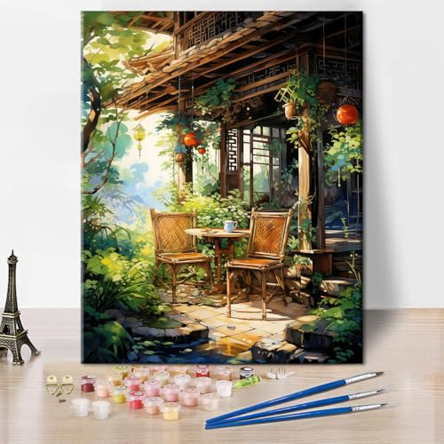 Malen nach Zahlen für Erwachsene Leinwand Garten - DIY Malen nach Zahlen für Erwachsene Anfänger, Tische und Stühle im Wald Acrylmalerei Kits für Home Wall Decor 40 x 50 cm(rahmenlose) von TISHIRON
