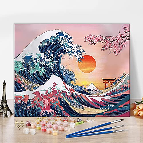 Malen nach Zahlen zum Selbermachen, Ozean Kanagawa Wellen Sonnenuntergang Tolle Welle mit Malpinseln und Acrylmalerei-Set, 40,6 x 50,8 cm, für Kinder und Erwachsene, Anfänger, Geschenke, rahmenlos von TISHIRON