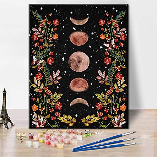 TISHIRON Moonlit Garden Malen nach Zahlen Mondphase Umgeben von Reben und Blumen Schwarzes Kit für Erwachsene Kinder Einzigartiges Geschenk 16"x 20" Frameless von TISHIRON