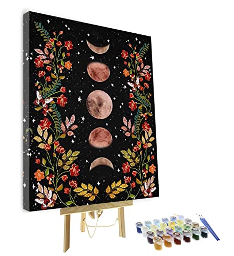 TISHIRON Moonlit Garden Malen nach Zahlen Mondphase Umgeben von Reben und Blumen Schwarzes Malen nach Zahlen Kit für Erwachsene Kinder Einzigartiges Geschenk 16 "x 20" mit Rahmen von TISHIRON