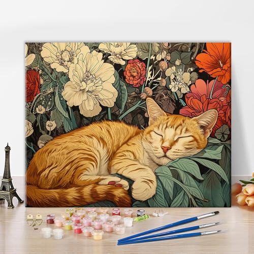 Niedliche Katze Malen nach Zahlen Für Erwachsene Schlafende Katze Malen Nach Zahlen Auf Leinwand Ohne Rahmen, Tier Malen nach Zahlen DIY Ölgemälde Für Geschenk Home Wand Dekor(40x50cm)(Rahmenlos) von TISHIRON