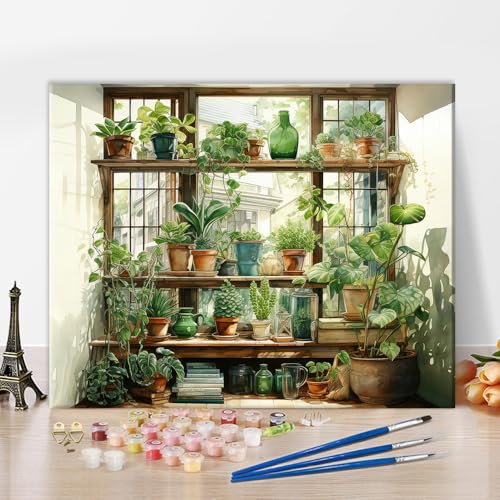 Pflanzen in Töpfen Erwachsene Malen Nach Zahlen Kits DIY Grünpflanzen Malen Nach Zahlen Für Erwachsene Anfänger Leinwand ölmalerei Kit Für Kunsthandwerk Kits Geschenk Haus Dekor 40x50cm Ohne Rahmen von TISHIRON