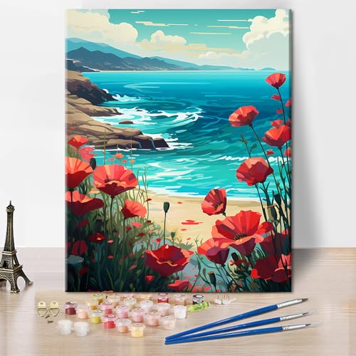 Rote Malen nach Zahlen Rote Blüten mit Pinseln und Acrylpigmenten Natur Landschaft am Meer Malen nach Zahlen Kits Blume DIY Ölmalerei nach Zahlen für Erwachsene Kunsthandwerk (Rahmenlos)40 x 50 cm von TISHIRON