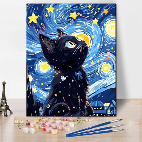 Schwarze Katze Farbe nach Zahlen für Erwachsene Anfänger Aquarell Sternenfarbe Nachtfarbe nach Zahlen Kits auf Leinwand DIY Einfache Ölgemälde Kit Kunst Handwerk Leinwand Wand Dekor Decor, 16X20inch Schwarze Katze Farbe nach Zahlen für Erwachsene Anfänger Aquarell Sternenfarbe Nachtfarbe nach Zahlen Kits auf Leinwand DIY Einfache Ölgemälde Kit Kunst Handwerk Leinwand Wand Dekor Decor, 16X20inch von TISHIRON