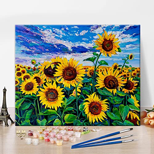 Sonnenblumen Malen nach Zahlen, DIY Ölgemälde Landschaft mit Sonnenblumen Malerei Kunst Malen nach Zahlen für Erwachsene Anfänger, 16x20inch moderne Kunst Kits Geschenk für Kinder und Erwachsene von TISHIRON