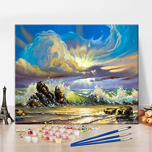 Sonnenuntergang an der Seeküste Malen nach Zahlen, DIY Ölgemälde Ozean Welle Aquarellmalerei Kunst Malen nach Zahlen für Erwachsene Anfänger, 16"x20" Ölgemälde Kits Geschenk für Kinder und Erwachsene von TISHIRON