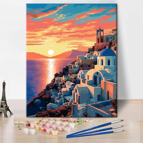TISHIRON Ägäis Malen nach Zahlen für Kinder Griechische Häuser am Meer Acryl für Erwachsene Anfänger Malset Home Wand Wohnzimmer Schlafzimmer Wand Dekoration 16x20 inch(rahmenlos) von TISHIRON