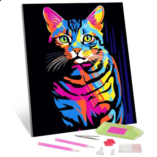 TISHIRON Abstract Cat 5d DIY Diamond Painting Round Diamond Embroidery Rhinestone Trippy Art Colorful Cats Wall Craft for Home Wall Decor Boys Girls Children's Gift 12x16 inch von TISHIRON