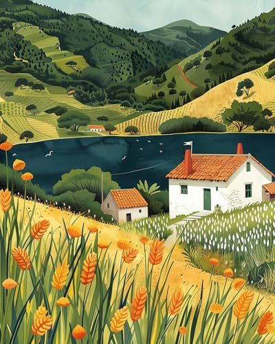 TISHIRON Bäuerliche Landschaft Ölgemälde Malen nach Zahlen für Erwachsene Anfänger, Bauernhof-Landschaft im Cartoon-Stil, Malen nach Zahlen Set mit Pinseln für Wanddeko Zuhause (40x50 cm) von TISHIRON