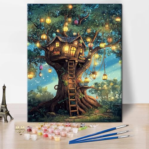 TISHIRON Baumhaus Malen nach Zahlen Erwachsene, Fantasy Baum Ölgemälde für Erwachsene auf Leinwand, Waldlandschaft DIY Malen nach Zahlen für Home Wall Decor 40 x 50 cm(rahmenlose) von TISHIRON