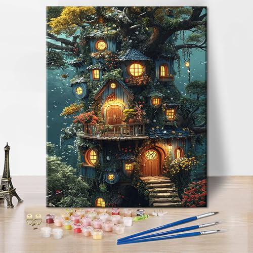 TISHIRON Baumhaus Malen nach Zahlen für Erwachsene, Fantasy Wald Malen nach Zahlen für Erwachsene, DIY Acrylmalerei auf Leinwand für Home Decor, Kunsthandwerk 40 x 50 cm(rahmenlose) von TISHIRON