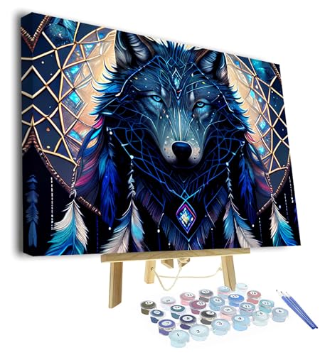 TISHIRON Blauer Wolf DIY Malen nach Regenbogen Zahl abstrakte indischen Stil Malen nach Zahlen für Erwachsene Dreamcatcher Malen nach Zahlen Kits auf Leinwand für Home Wall Decor Acryl 16x20 Gerahmt von TISHIRON