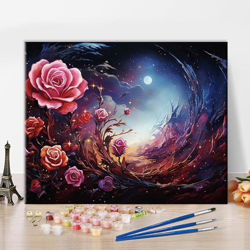 TISHIRON Blumen Malen nach Zahlen, Rose und Mond Malen nach Zahlen für Erwachsene, Abstrakter Nachthimmel Malen nach Zahlen mit Pinseln und Pigmenten für Zuhause Wanddekoration, 40x50 CM, (Rahmenlos) TISHIRON Blumen Malen nach Zahlen, Rose und Mond Malen nach Zahlen für Erwachsene, Abstrakter Nachthimmel Malen nach Zahlen mit Pinseln und Pigmenten für Zuhause Wanddekoration, 40x50 CM, (Rahmenlos) von TISHIRON