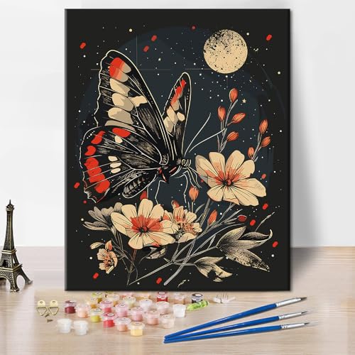 TISHIRON Blumen Malen nach Zahlen, Schmetterling mit Blumen Malen nach Zahlen für Erwachsene, Schmetterling Malen nach Zahlen mit Pinseln und Pigment für Haus Wanddekoration, 40x50 CM, (Rahmenlos) von TISHIRON