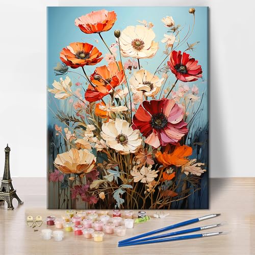 TISHIRON Blumen Malen nach Zahlen Erwachsene Blühender Mohn Malsets für Erwachsene mit Pinseln Malen nach Zahlen auf Leinwand Acryl Pigment Kunsthandwerk 40x50 cm(Rahmenlos) von TISHIRON