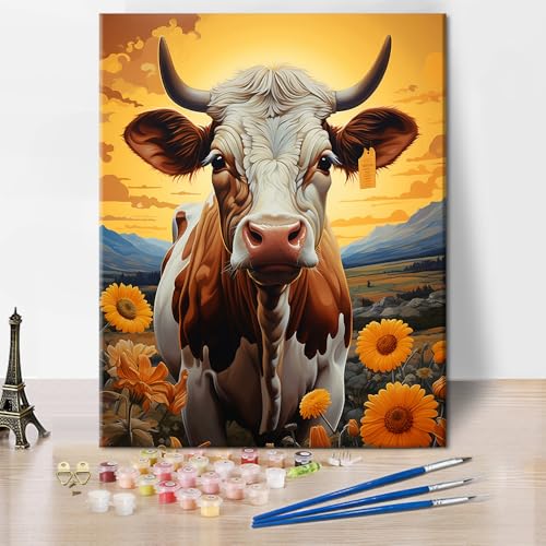 TISHIRON Blumen Malen nach Zahlen Kuh in einem Blumenfeld mit gelben Blumen Malen nach Zahlen Kits auf Leinwand mit Pinsel und Pigment für Wanddekoration, Ölgemälde, 40x50 CM, Rahmenlos TISHIRON Blumen Malen nach Zahlen Kuh in einem Blumenfeld mit gelben Blumen Malen nach Zahlen Kits auf Leinwand mit Pinsel und Pigment für Wanddekoration, Ölgemälde, 40x50 CM, Rahmenlos von TISHIRON