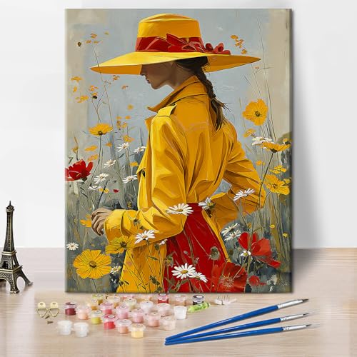 TISHIRON Blumenfeld Malen nach Zahlen für Erwachsene Frau im gelben Kleid DIY Erwachsene Malen nach Zahlen Kits auf Leinwand Acrylmalerei Zeichnung mit Pinseln Ölgemälde 16x20 Zoll von TISHIRON