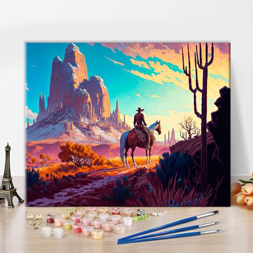 TISHIRON Cowboy Malen nach Zahlen für Erwachsene, Landschaft Malen nach Zahlen Kits, Abstrakte Zahlenmalerei für Erwachsene mit Pinsel und Pigment, Malerei für Wanddekoration, 40x50 CM, Rahmenlos TISHIRON Cowboy Malen nach Zahlen für Erwachsene, Landschaft Malen nach Zahlen Kits, Abstrakte Zahlenmalerei für Erwachsene mit Pinsel und Pigment, Malerei für Wanddekoration, 40x50 CM, Rahmenlos von TISHIRON