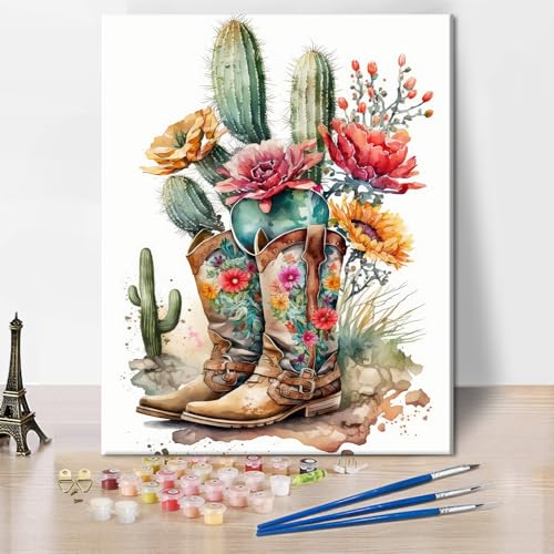 TISHIRON Cowboy Stiefel Kaktus und Blumen Aquarelle Digitale Malerei Paint by Numbers Kit Farbe Ölgemälde Set Digitale Malerei Set Erwachsene Kinder Wand Dekoration 16" x 20 " von TISHIRON