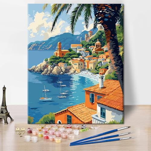 TISHIRON DIY Malen Nach Zahlen Für Anfänger Sommerlandschaft Erwachsene Malen Nach Zahlen Auf Leinwand Blauen Ozean Aquarell Acrylfarbe Paint Kit Für Geschenk Wanddekoration 40x50cm Ohne Rahmen von TISHIRON